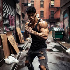 Muscular Hispanic Street Fighter in City Alley