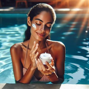 Blissful Hispanic Woman Applying Facial Moisturizing Cream in Swimming Pool