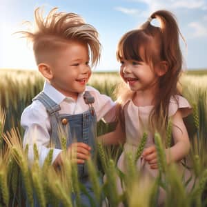 Young Boy and First Love Frolicking in Wheat Field