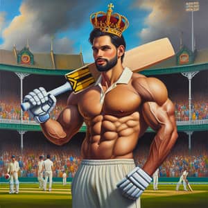 King of Cricket - Muscular man in cricket attire with royal crown
