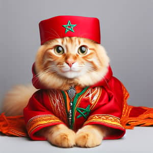 Ginger Cat in Moroccan Attire with Flag | Cultural Tribute