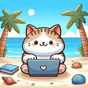 Adorable Cartoon Cat Working on Laptop at Sunny Beach