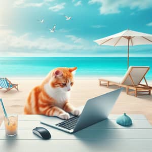 Orange Cat Typing on Laptop by the Seaside