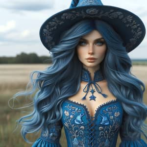 Adult Witch with Long Blue Hair and Eyes | Detailed Blue Outfit