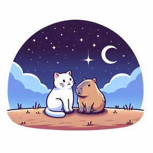 White Cat and Capybara Under Starry Night Sky | Love Story