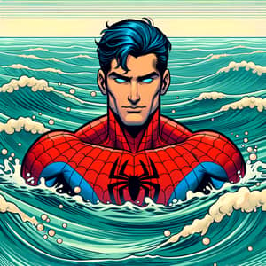 Comic-Styled Superhero Swimming in Crystalline Sea