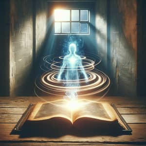 Surreal Truth Visualization: Luminescent Entity Emerging from Ancient Book