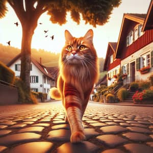Vibrant Red Cat Strolling Through Quaint Neighborhood Street