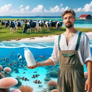 Seaside Pastoral Scene with Cows and Man Holding Milk Bottle