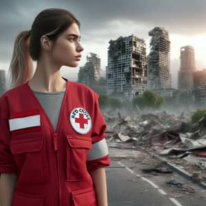 Red Cross Worker Amid City Devastation