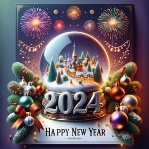 Festive 2024 New Year Greeting Card Design with Snow Globe City