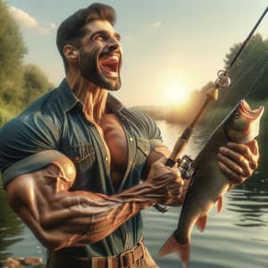 Hispanic Man Fishing by Serene River | Nature vs Man Struggle