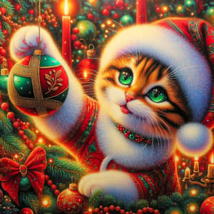 Joyful Christmas Cat Oil Painting - Festive Indoor Scene