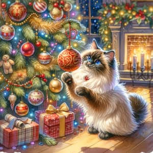 Fluffy Siamese Cat Celebrating Christmas | Festive Tree Painting