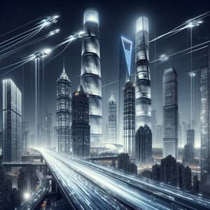 Futuristic Cityscape at Night: Skyscrapers & Flying Cars