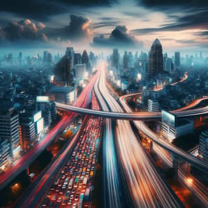 Urban Street Photography of Congested Cityscape with Vibrant Light Trails