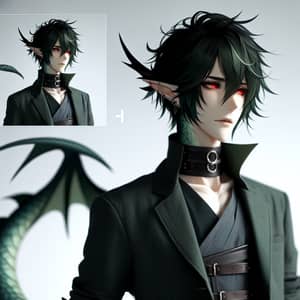 Dark Green Hair Male with Red Eyes and Dragon Tail