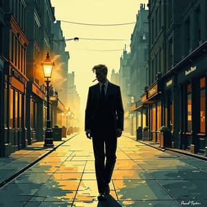 Sad Blond Man in Casual Suit Walking Through Deserted Night City Streets