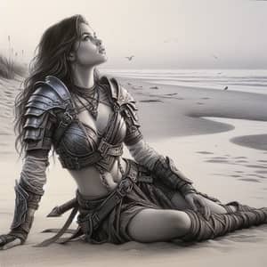 Female Warrior Sketch on Beach | Leather Armor & Long Hair
