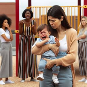 Overwhelmed Hispanic Mother Consoles Crying Child on Playground