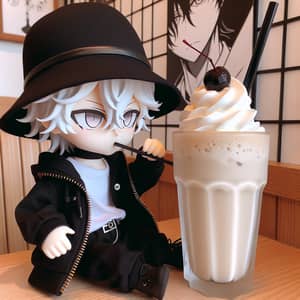 Anime Persona with White Hair Black Outfit Enjoying Milkshake