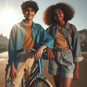Cheerful South Asian Boy and Black Girl With Classic Blue Bike
