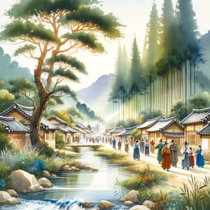 Serene Korean Watercolor Painting: Trees, Stream & Village Life