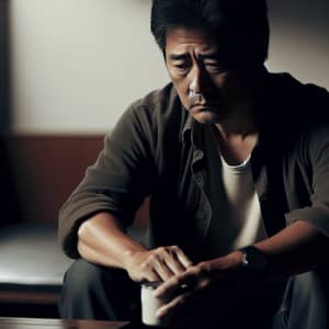 Middle-aged Asian Man in Dimly Lit Room | Sorrow and Loneliness