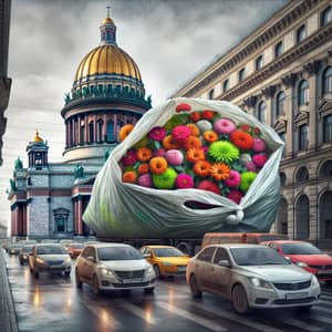 Hyperrealistic Scene near Saint Isaac's Cathedral with Cars and Flower-Filled Plastic Bag