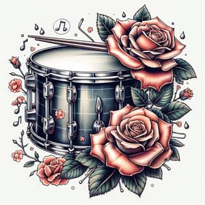 Drum Snare and Roses Tattoo Design | Musical Nature Art