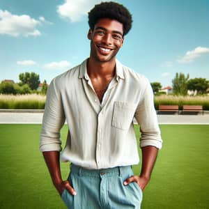 Friendly Smiling Man Outdoors | Casual Style with Afro Hair