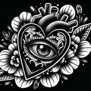 Neo-Traditional Heart-Eye Tattoo in Black Ink