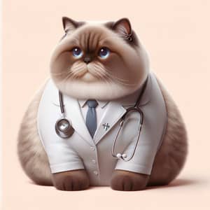 Chubby Doctor Cat: Siamese-Persian Blend with Lab Coat & Stethoscope