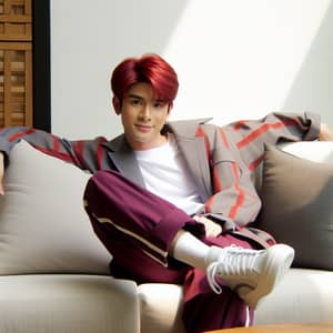 South Asian Male Pop Idol with Crimson Hair on Sofa