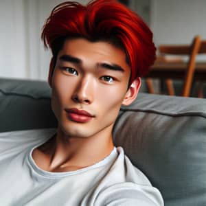 Young Asian Man with Red Hair Relaxing on Sofa