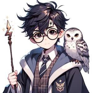 Young Wizard Boy with Lightning Scar and Owl in Magical Castle