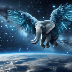 Majestic Elephant with Feathered Wings Soaring in Cosmic Space