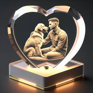 3D Optical Crystal Heart Engraving with Caucasian Male and Golden Retriever