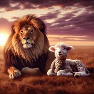 Majestic Lion and Tranquil Lamb on Sun-Warmed Savanna