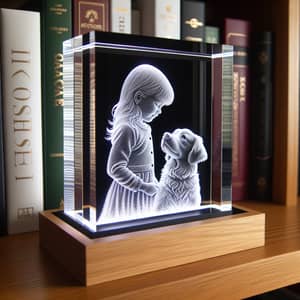 3D Crystal Engraving of Young Girl with Dog on LED-Illuminated Base