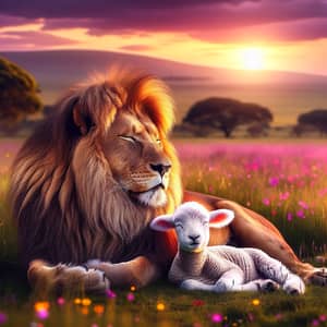 Majestic Lion Embraces Peaceful Bond with Baby Lamb