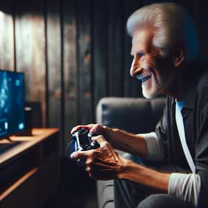 Elderly Man Immersed in Video Game Joy | Gaming Console Scene