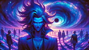 Mesmerizing Blue & Purple Haired Villain in Cosmic Setting