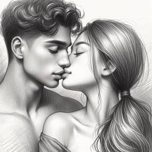 Tender Kiss by Diverse Couple - Heartwarming Sketch Art