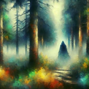Mysterious Figure in Misty Forest - Vibrant Impressionist Art
