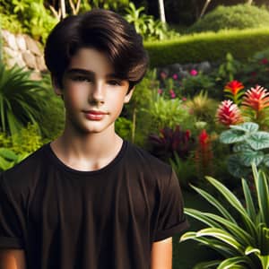 Caucasian Boy with Beautiful Black Hair in Lush Garden
