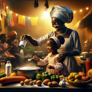 Nigerian Woman Cooking with Daughter: Joyful Kitchen Scene
