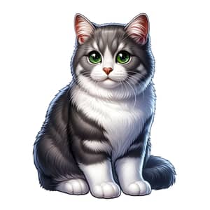 Comfortable Grey and White Cat Illustration | Bright Green Eyes