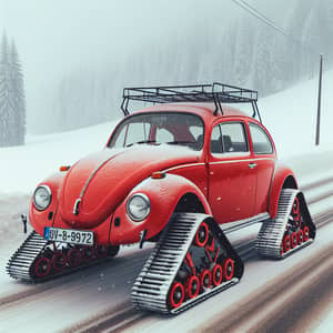 Red Volkswagen Beetle with Skis and Tracks | Snowfall Adventure
