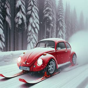 Red VW Beetle with Skis Gliding in Snow